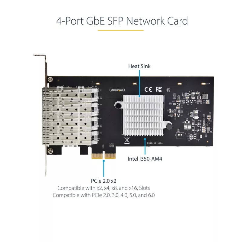 StarTech.com 4-Portu GbE SFP tīkla karte, PCIe 2.0 x2 (saderīga ar x4, x8, x16), Intel I350-AM4 4x 1GbE kontrolieris, 1000BASE varš/optiskā šķiedra, galddatoru/serveru četru portu Gigabit Ethernet NIC - Windows un Linux