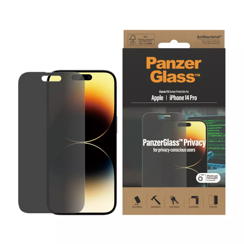 Privātuma ekrāna aizsargs PanzerGlass Apple iPhone 14 Pro pret skrāpējumiem un triecieniem