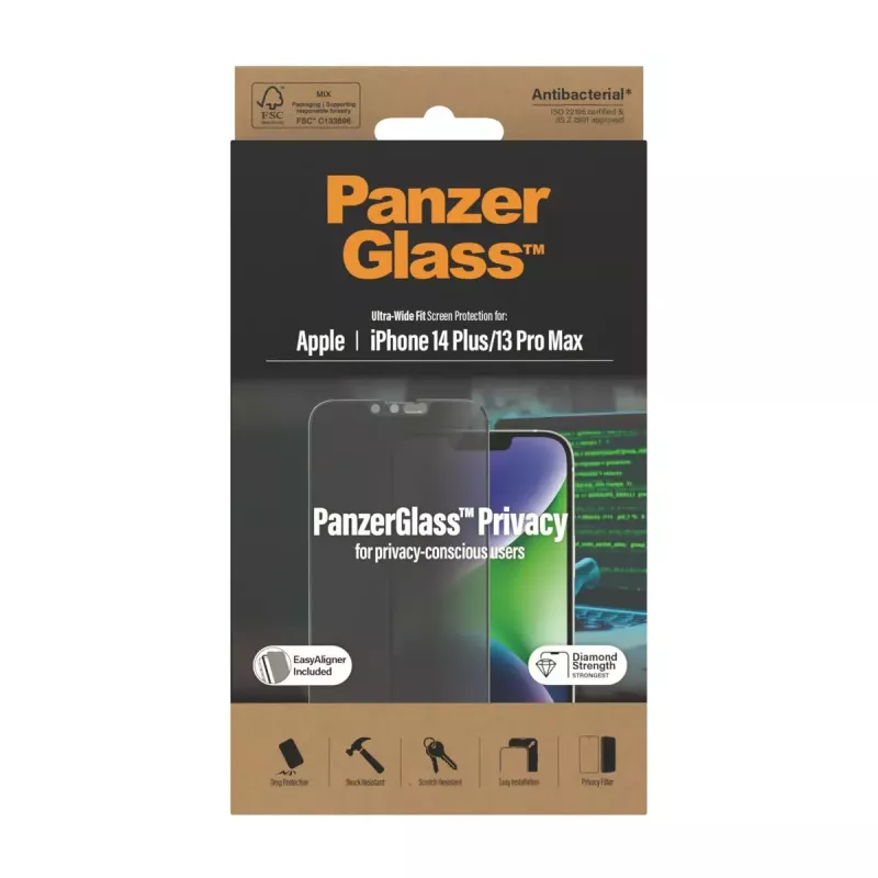 PanzerGlass ® Privātuma ekrāna aizsargs iPhone 14 Plus | 13 Pro Max | Īpaši plats piemērots ar EasyAligner