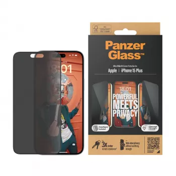 PanzerGlass ® Privātuma ekrāna aizsargs iPhone 15 Plus | Īpaši plats pārklājums ar EasyAligner