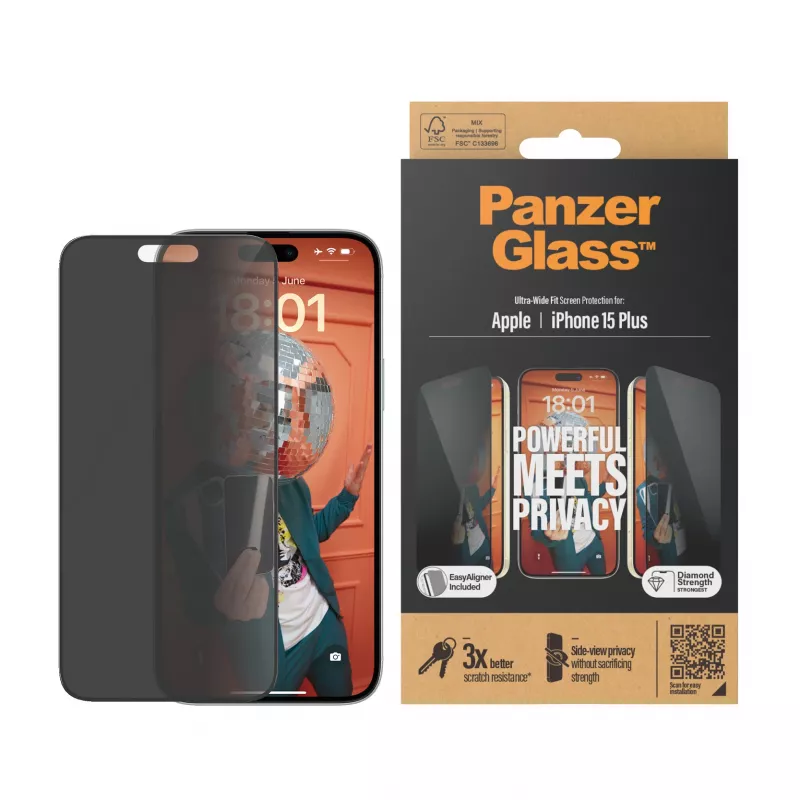PanzerGlass ® Privātuma ekrāna aizsargs iPhone 15 Plus | Īpaši plats pārklājums ar EasyAligner