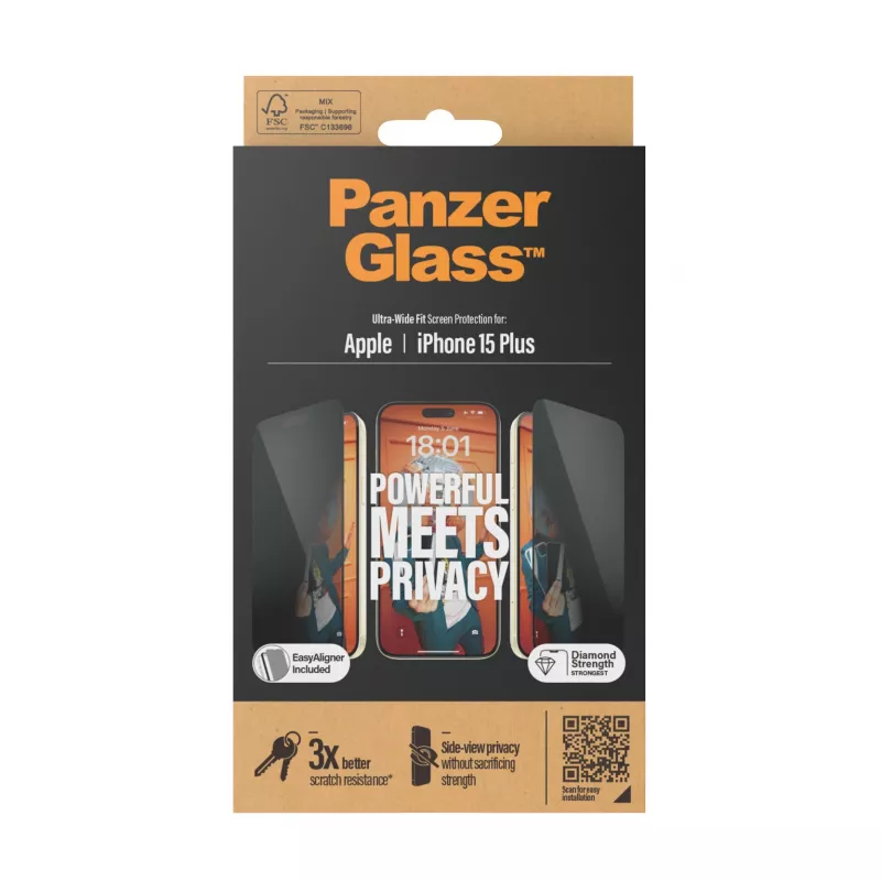 PanzerGlass ® Privātuma ekrāna aizsargs iPhone 15 Plus | Īpaši plats pārklājums ar EasyAligner