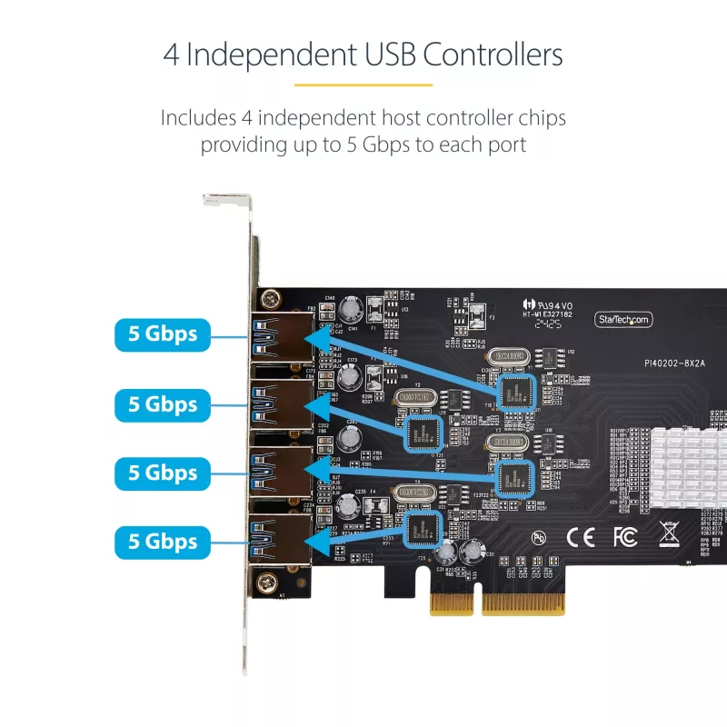StarTech.com 4-Port USB PCIe Card, USB 3.2 5Gbps, PCI Express paplašinājuma karte ar 4 neatkarīgiem USB kontrolleriem, 4 USB-A pieslēgvietas, Windows/macOS/Linux