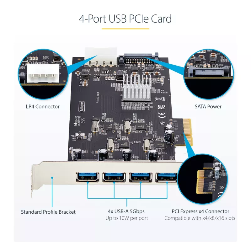 StarTech.com 4-Port USB PCIe Card, USB 3.2 5Gbps, PCI Express paplašinājuma karte ar 4 neatkarīgiem USB kontrolleriem, 4 USB-A pieslēgvietas, Windows/macOS/Linux