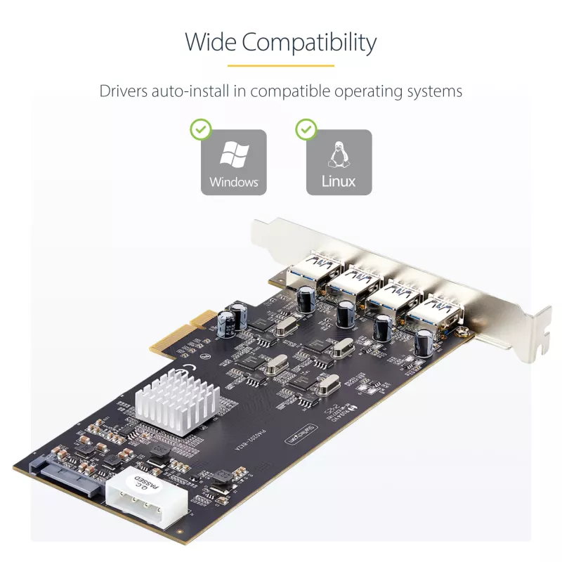 StarTech.com 4-Port USB PCIe Card, USB 3.2 5Gbps, PCI Express paplašinājuma karte ar 4 neatkarīgiem USB kontrolleriem, 4 USB-A pieslēgvietas, Windows/macOS/Linux
