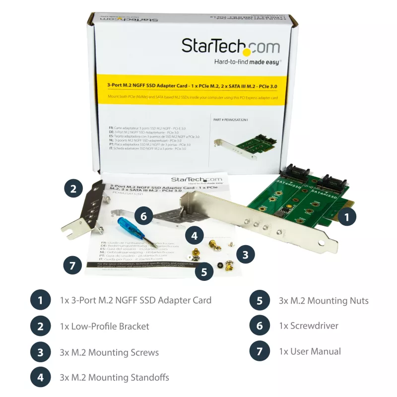 StarTech.com 3 portu M.2 SSD (NGFF) adaptera karte - 1 x PCIe (NVMe) M.2, 2 x SATA III M.2 - PCIe 3.0