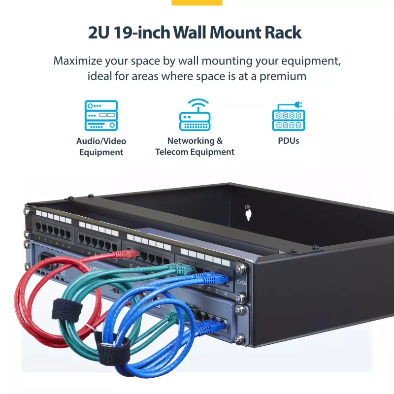 StarTech.com 2U sienas montāžas tīkla statīvs - 14 collu dziļš (zema profila) - 19 collu plāksteru paneļu kronšteins seklam serverim, IT aprīkojumam, tīkla komutatoriem - 77 mārciņas/35 kg svara ietilpība, melns