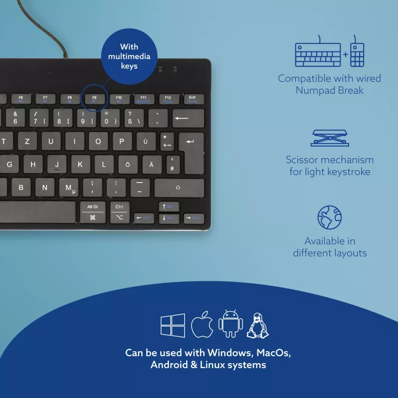 R-Go Tools Ergonomiskā tastatūra R-Go Compact Break, kompakta tastatūra ar pārtraukuma programmatūru, QWERTZ (DE), vadu, melna