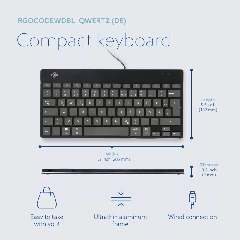 R-Go Tools Ergonomiskā tastatūra R-Go Compact Break, kompakta tastatūra ar pārtraukuma programmatūru, QWERTZ (DE), vadu, melna