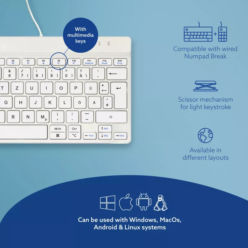 R-Go Tools ergonomiskā tastatūra R-Go Compact Break, kompakta tastatūra ar pārtraukuma programmatūru, QWERTZ (DE), vadu, balta