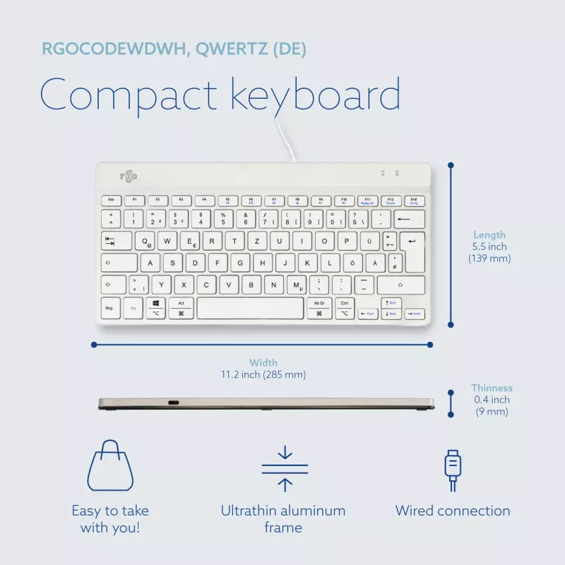R-Go Tools ergonomiskā tastatūra R-Go Compact Break, kompakta tastatūra ar pārtraukuma programmatūru, QWERTZ (DE), vadu, balta
