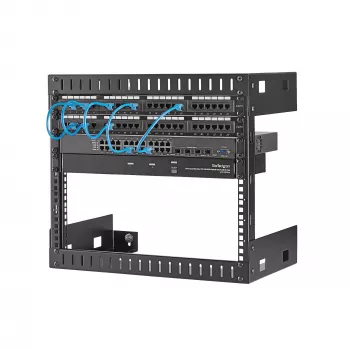 StarTech.com 8U 19 collu sienas montāžas tīkla plaukts - 12 collu dziļumā 2 statņu atvērta rāmja serveru telpas plaukts datu/AV/IT/datoru aprīkojumam/plāksteru panelim ar būra uzgriežņiem un skrūvēm 135 lb ietilpība, melns (RK812WALLO)