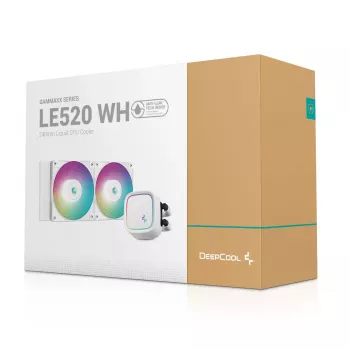 Universāls šķidruma dzesētājs DeepCool LE520 WH — 120 mm ventilators, 220 W TDP, balts, atbalsta LGA 1150/1151/1155/1200/1700 un AM4/AM5