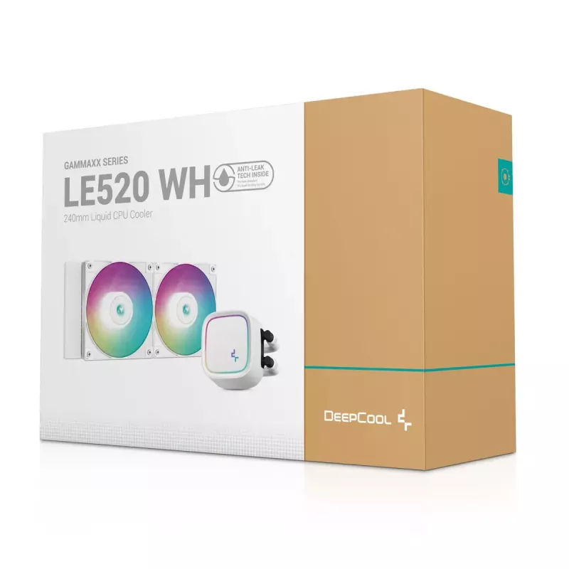 Universāls šķidruma dzesētājs DeepCool LE520 WH — 120 mm ventilators, 220 W TDP, balts, atbalsta LGA 1150/1151/1155/1200/1700 un AM4/AM5