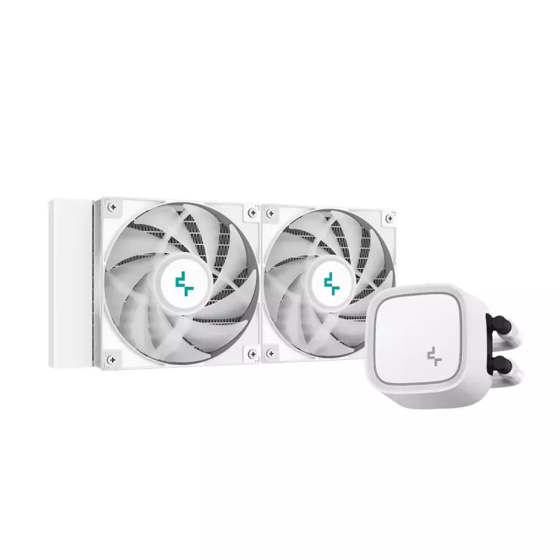 Universāls šķidruma dzesētājs DeepCool LE520 WH — 120 mm ventilators, 220 W TDP, balts, atbalsta LGA 1150/1151/1155/1200/1700 un AM4/AM5