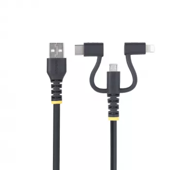 StarTech.com 3,3 pēdu (1 m) izturīgs USB vairāku uzlādes kabelis, USB uz Lightning/Micro-USB/Type-C, Apple MFi sertificēts, aramīda apvalks, universāls 3-in-1 USB lādētāja vads iPhone/iPad/Android ierīcēm