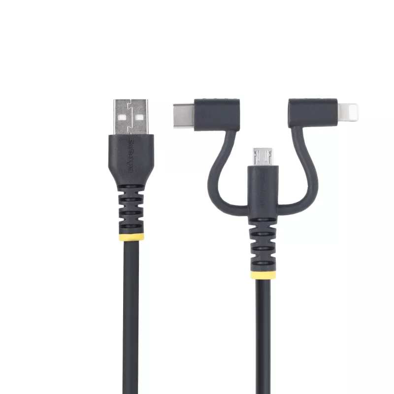 StarTech.com 3,3 pēdu (1 m) izturīgs USB vairāku uzlādes kabelis, USB uz Lightning/Micro-USB/Type-C, Apple MFi sertificēts, aramīda apvalks, universāls 3-in-1 USB lādētāja vads iPhone/iPad/Android ierīcēm