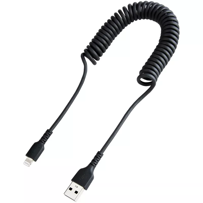 StarTech.com 1 m (3 pēdas) USB uz Lightning vads, MFi sertificēts, spirālveida iPhone lādētāja vads, melns, izturīgs TPE apvalks ar aramīda šķiedru, izturīgs spirālveida Lightning vads