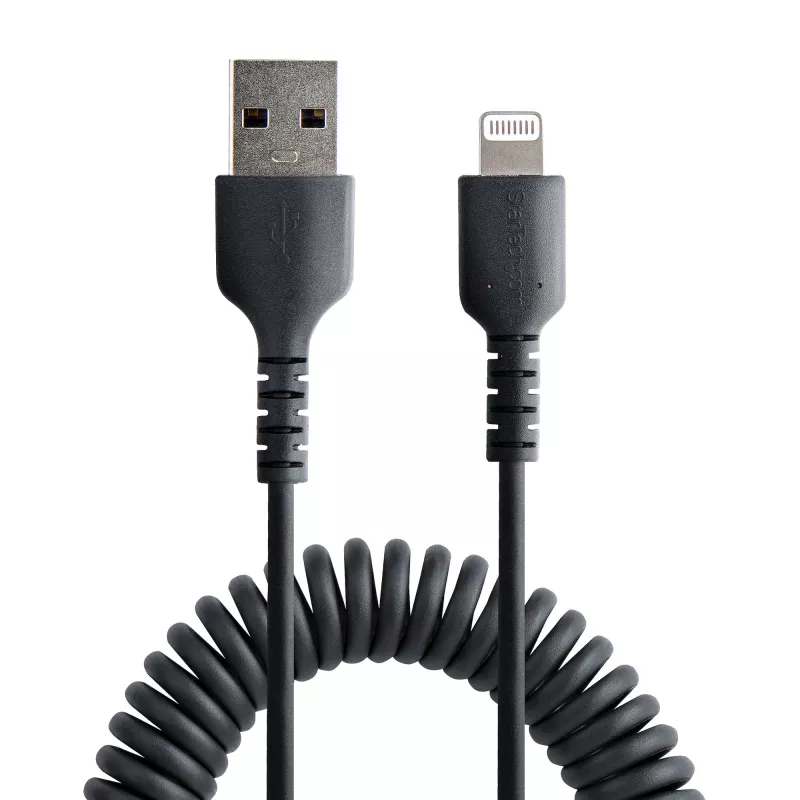 StarTech.com 1 m (3 pēdas) USB uz Lightning vads, MFi sertificēts, spirālveida iPhone lādētāja vads, melns, izturīgs TPE apvalks ar aramīda šķiedru, izturīgs spirālveida Lightning vads