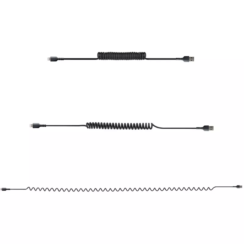 StarTech.com 1 m (3 pēdas) USB uz Lightning vads, MFi sertificēts, spirālveida iPhone lādētāja vads, melns, izturīgs TPE apvalks ar aramīda šķiedru, izturīgs spirālveida Lightning vads