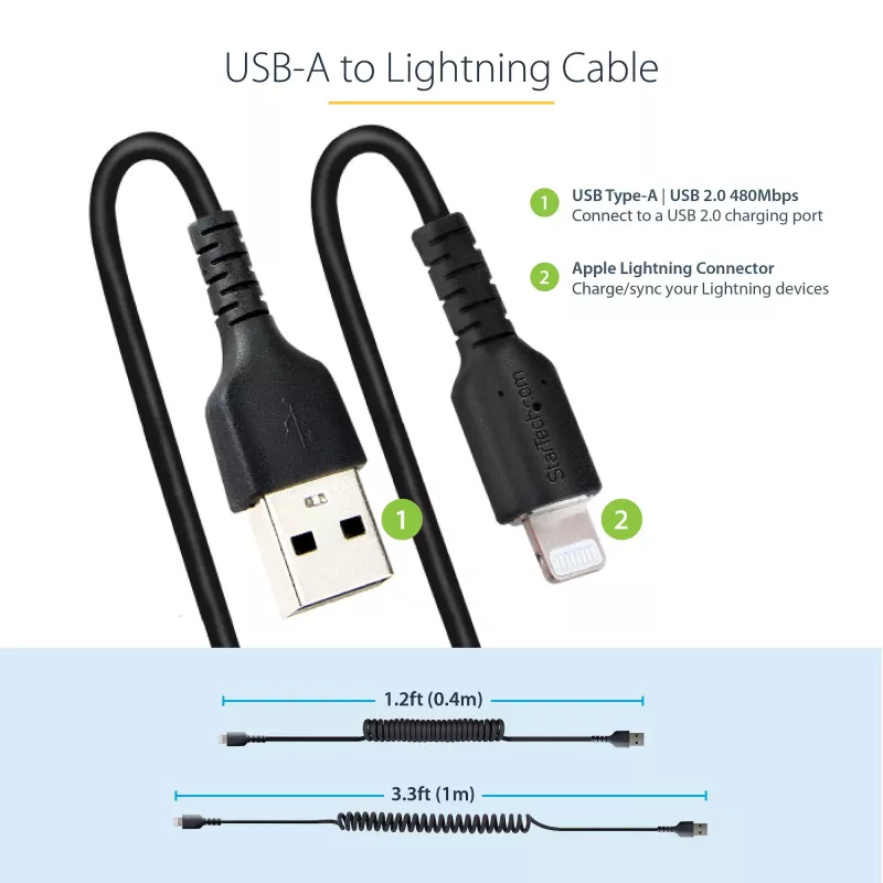 StarTech.com 1 m (3 pēdas) USB uz Lightning vads, MFi sertificēts, spirālveida iPhone lādētāja vads, melns, izturīgs TPE apvalks ar aramīda šķiedru, izturīgs spirālveida Lightning vads