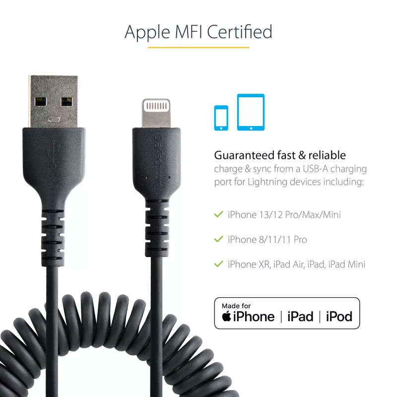 StarTech.com 1 m (3 pēdas) USB uz Lightning vads, MFi sertificēts, spirālveida iPhone lādētāja vads, melns, izturīgs TPE apvalks ar aramīda šķiedru, izturīgs spirālveida Lightning vads