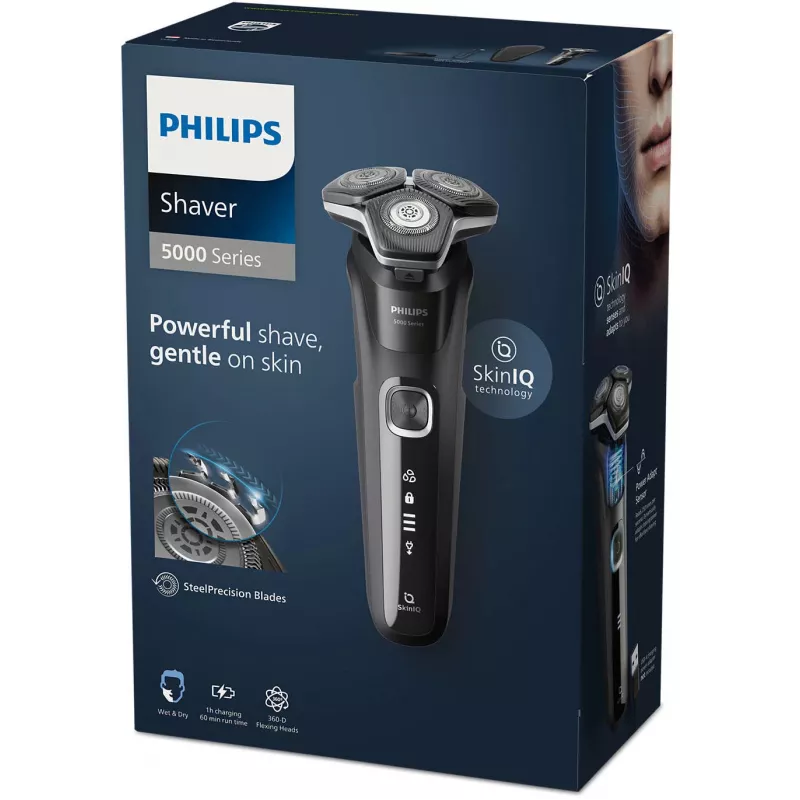 Elektriskais rotācijas skuveklis Philips Series 5000 S5898/35 — 3 galviņas, mitrai un sausai skūšanai, SteelPrecision asmeņi, 60 min bezvada darbība