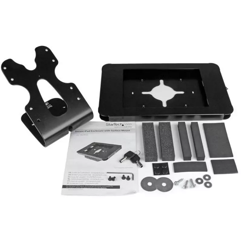 StarTech.com Drošs planšetdatora statīvs – piemērots novietošanai uz galda vai stiprināšanai pie sienas, melns, 24,6 cm (9,7 collas), 9,7 collu iPad, tērauds, 1,3 cm, atslēga