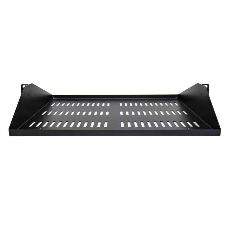 StarTech.com 2U servera statīva plaukts, centrāli stiprināms universāls ventilējams piekaramais paliktnis 19 collu tīkla iekārtu statīvam, lieljaudas tērauds, 91 kg ietilpība, 14 collu dziļums, melns
