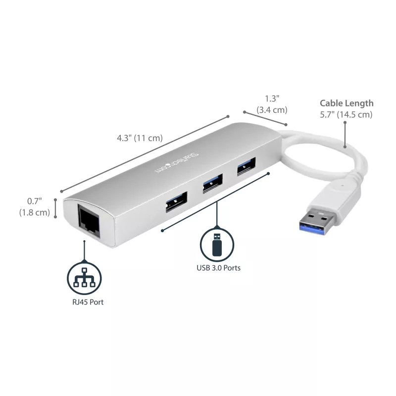 StarTech.com 3 portu pārnēsājams USB 3.0 centrmezgls ar gigabitu Ethernet - iebūvēts kabelis~3 portu pārnēsājams USB 3.0 centrmezgls ar gigabitu Ethernet - 5 Gbps - iebūvēts kabelis