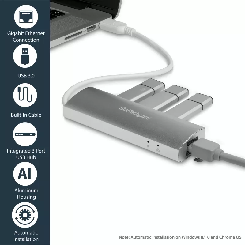 StarTech.com 3 portu pārnēsājams USB 3.0 centrmezgls ar gigabitu Ethernet - iebūvēts kabelis~3 portu pārnēsājams USB 3.0 centrmezgls ar gigabitu Ethernet - 5 Gbps - iebūvēts kabelis