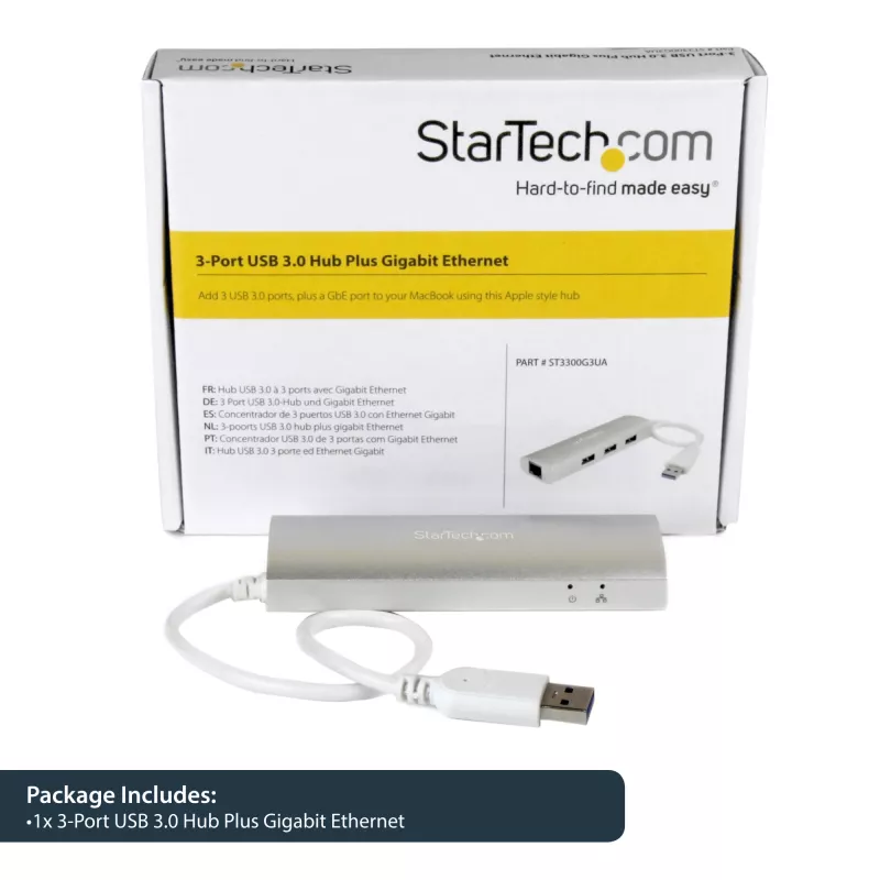 StarTech.com 3 portu pārnēsājams USB 3.0 centrmezgls ar gigabitu Ethernet - iebūvēts kabelis~3 portu pārnēsājams USB 3.0 centrmezgls ar gigabitu Ethernet - 5 Gbps - iebūvēts kabelis