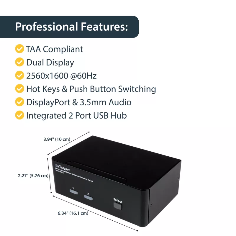StarTech.com 2 portu dubultais DisplayPort USB KVM slēdzis ar audio un USB 2.0 centrmezglu