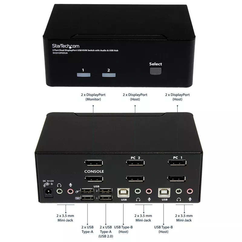 StarTech.com 2 portu dubultais DisplayPort USB KVM slēdzis ar audio un USB 2.0 centrmezglu