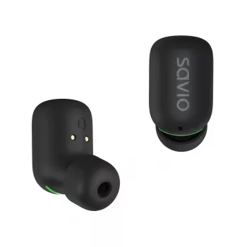 Bezvadu intraaurālās austiņas SAVIO TWS-09 — Bluetooth 5.1, binaurālas, 20–20000 Hz, 8 h sarunu laiks, ārējais akumulators, USB-C uzlāde, melnas