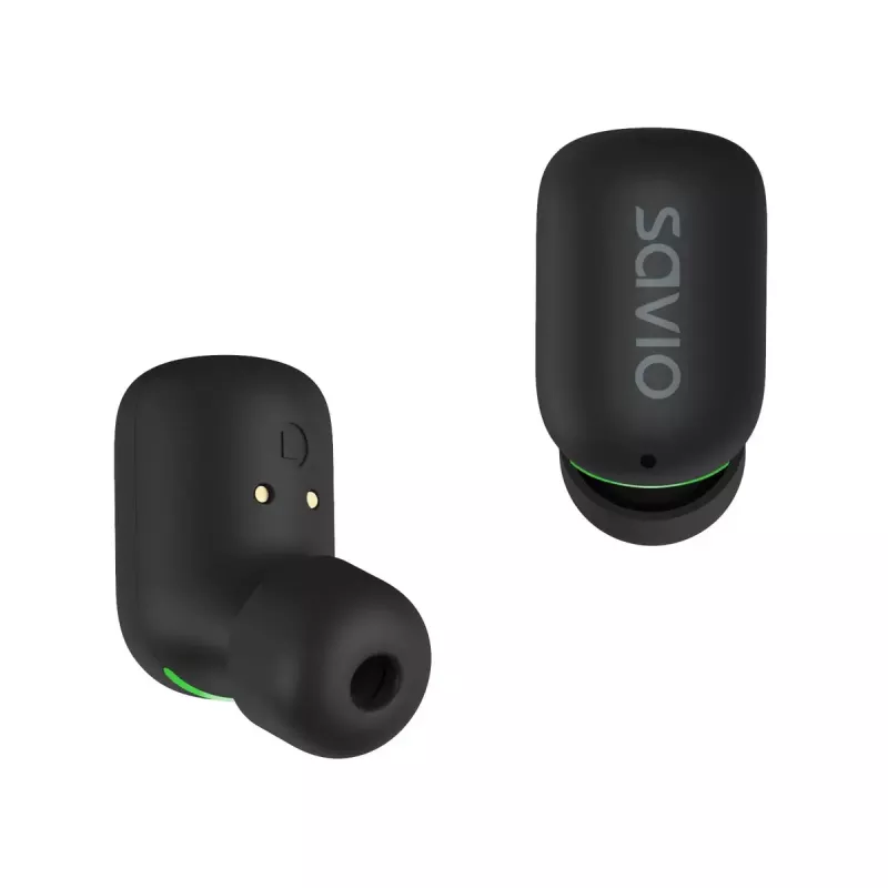 Bezvadu intraaurālās austiņas SAVIO TWS-09 — Bluetooth 5.1, binaurālas, 20–20000 Hz, 8 h sarunu laiks, ārējais akumulators, USB-C uzlāde, melnas