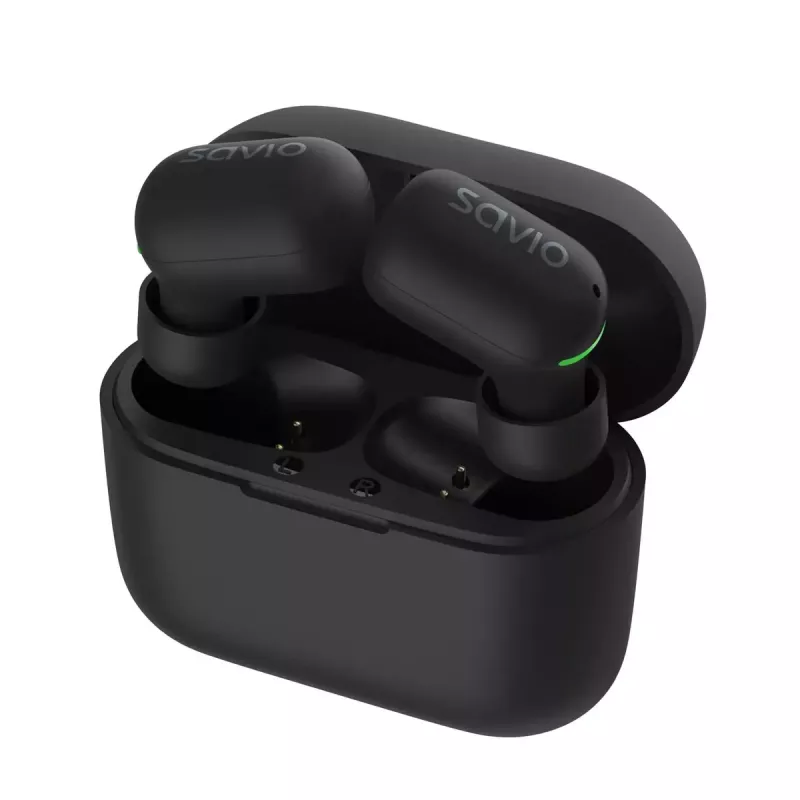Bezvadu intraaurālās austiņas SAVIO TWS-09 — Bluetooth 5.1, binaurālas, 20–20000 Hz, 8 h sarunu laiks, ārējais akumulators, USB-C uzlāde, melnas