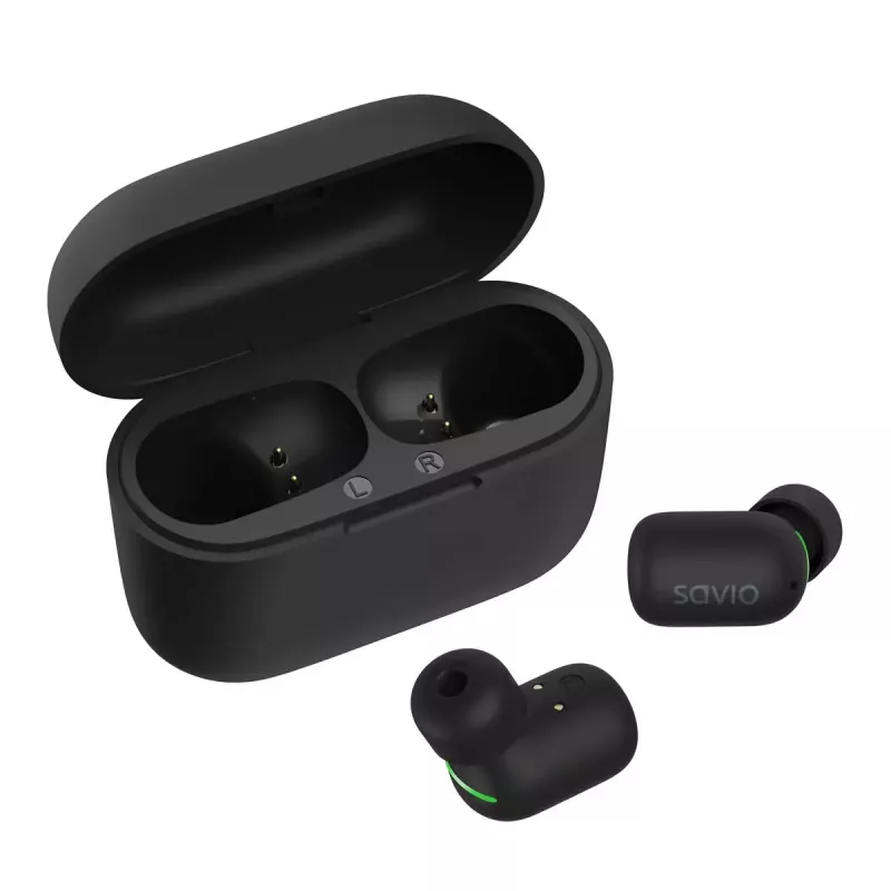 Bezvadu intraaurālās austiņas SAVIO TWS-09 — Bluetooth 5.1, binaurālas, 20–20000 Hz, 8 h sarunu laiks, ārējais akumulators, USB-C uzlāde, melnas