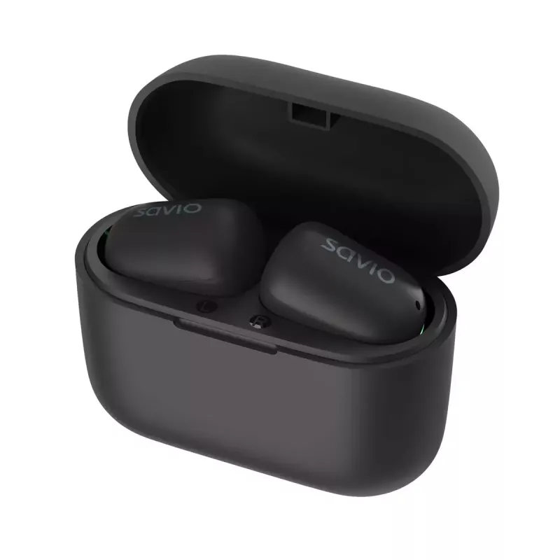 Bezvadu intraaurālās austiņas SAVIO TWS-09 — Bluetooth 5.1, binaurālas, 20–20000 Hz, 8 h sarunu laiks, ārējais akumulators, USB-C uzlāde, melnas
