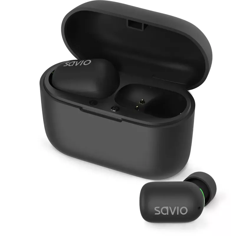 Bezvadu intraaurālās austiņas SAVIO TWS-09 — Bluetooth 5.1, binaurālas, 20–20000 Hz, 8 h sarunu laiks, ārējais akumulators, USB-C uzlāde, melnas