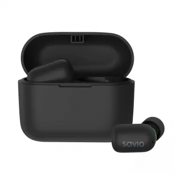 Bezvadu intraaurālās austiņas SAVIO TWS-09 — Bluetooth 5.1, binaurālas, 20–20000 Hz, 8 h sarunu laiks, ārējais akumulators, USB-C uzlāde, melnas