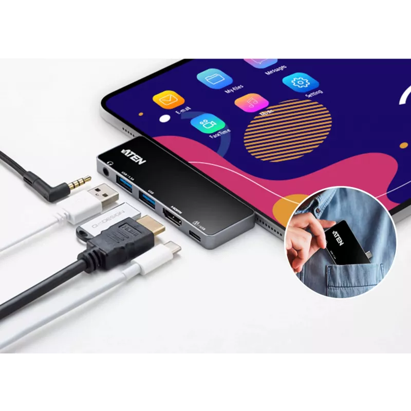 ATEN USB-C Travel Dock with Power Pass-Through, universāls, USB Type-C, melns, sudrabains