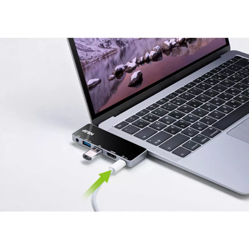ATEN USB-C Travel Dock with Power Pass-Through, universāls, USB Type-C, melns, sudrabains