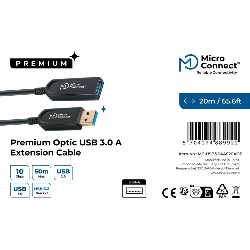Microconnect USB3.0AAF20AOP USB kabelis USB 3.2 Gen 1 (3.1 Gen 1) 20 m USB A Melns