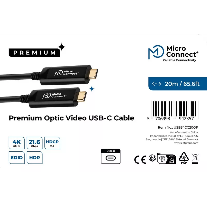 Microconnect USB3.1CC20OP USB kabelis USB 3.2 Gen 2 (3.1 Gen 2) 20 m USB C Melns