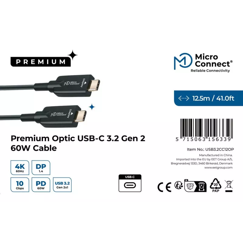 Microconnect USB3.2CC12OP USB kabelis USB 3.2 Gen 2 (3.1 Gen 2) 12.5 m USB C Melns