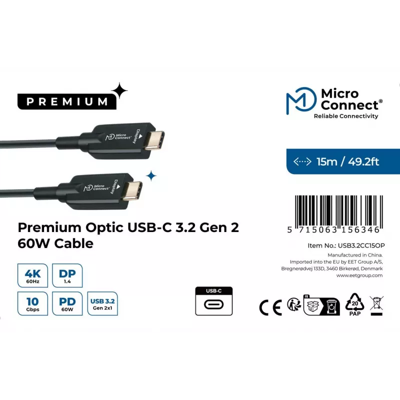 USB kabelis Microconnect USB3.2CC15OP 15m USB C Melns 10 Gbit/s