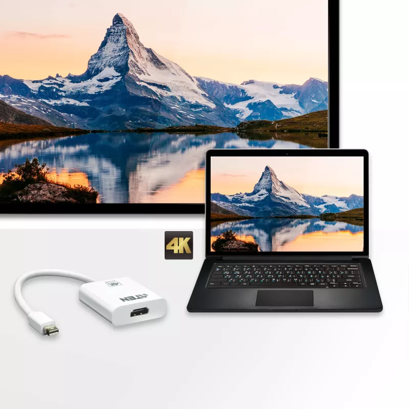 ATEN 4K aktīvais mini DisplayPort–HDMI pārveidotājs, 3D, līdz 3840 x 2160 @30 Hz