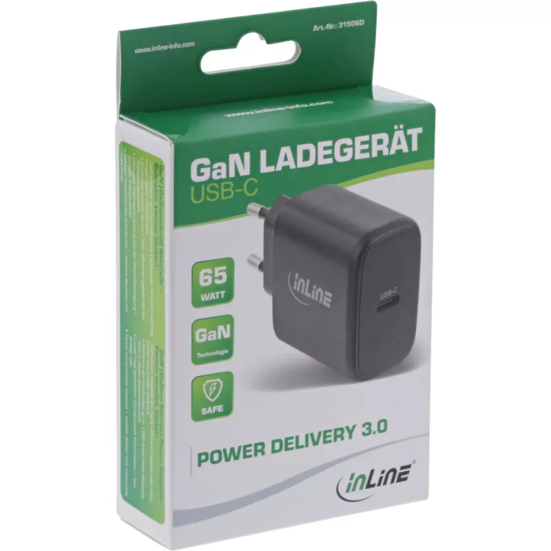 InLine USB PD strāvas adapteris, GaN lādētājs, viens USB-C, Power Delivery, 65 W