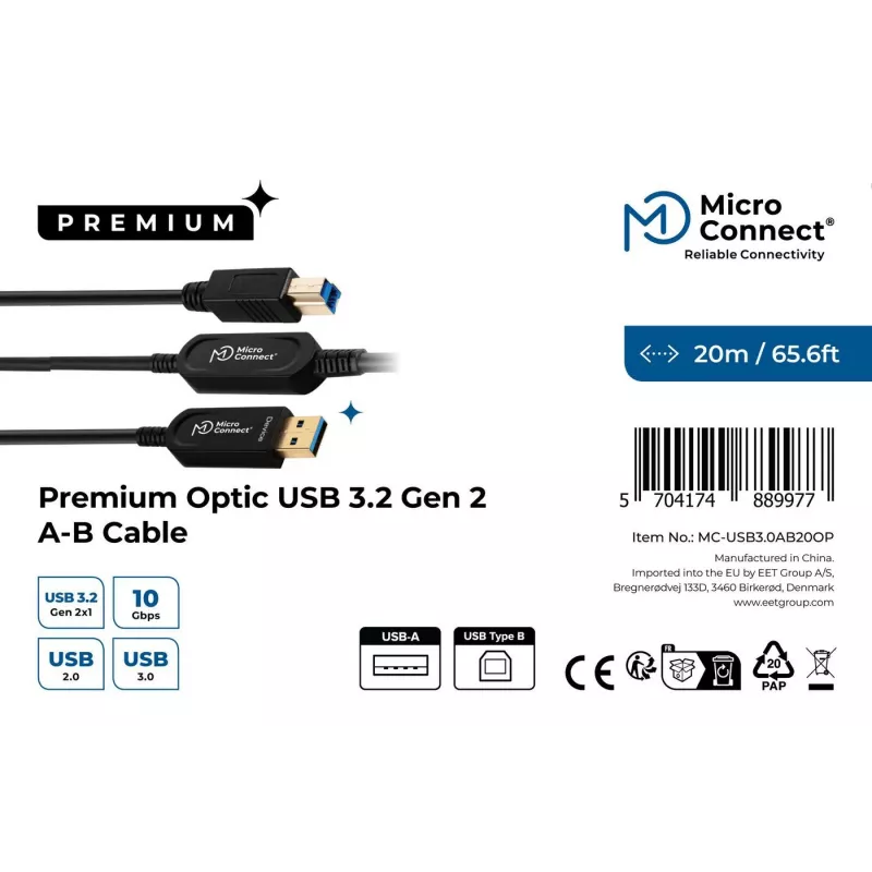 Microconnect MC-USB3.0AB20OP USB kabelis USB 3.2 Gen 2 (3.1 Gen 2) 20 m USB A USB B Melns